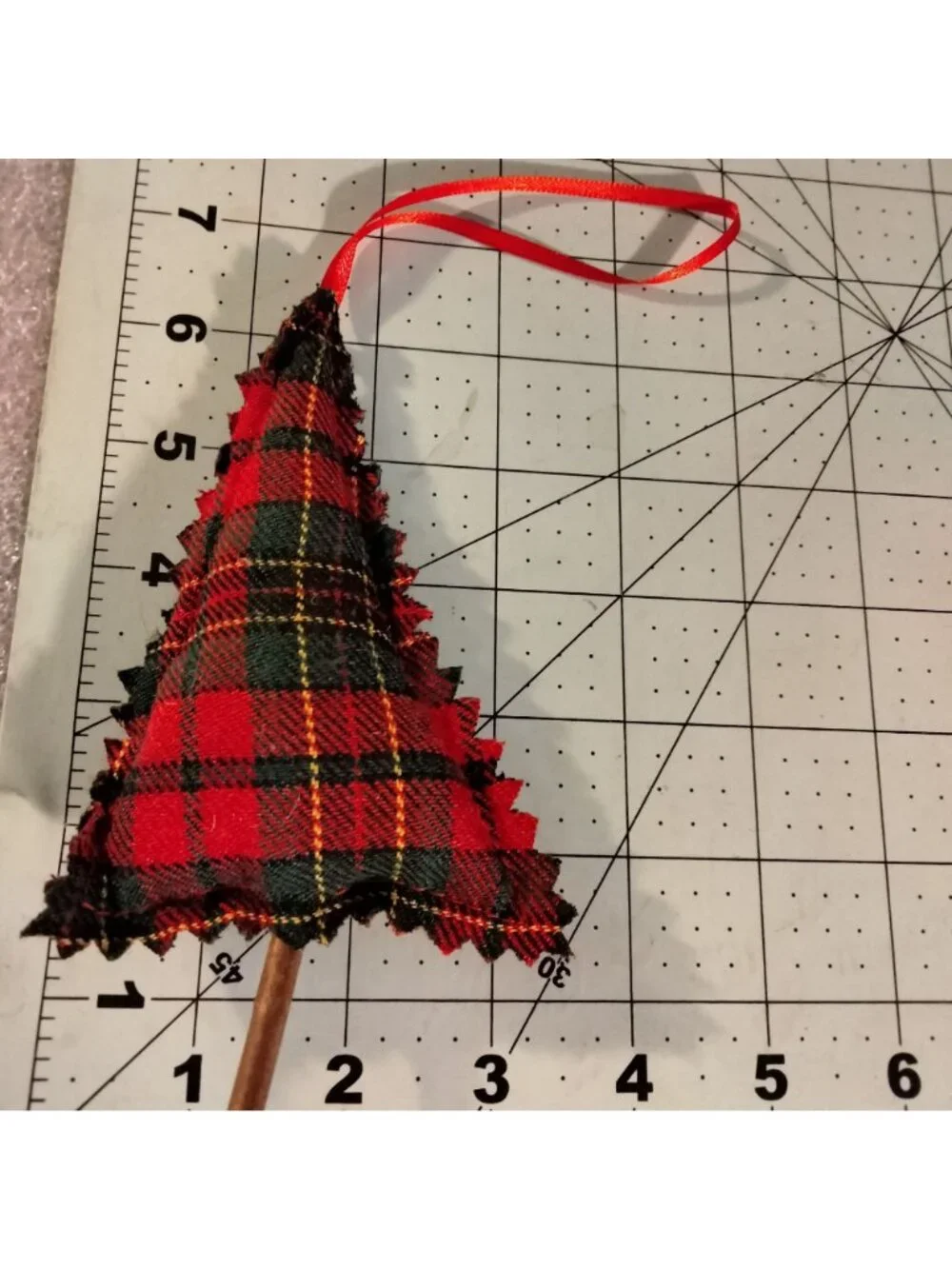Plaid Christmas Tree Red Green Ornament Fabric Ribbon Hanger Cottage Cabin